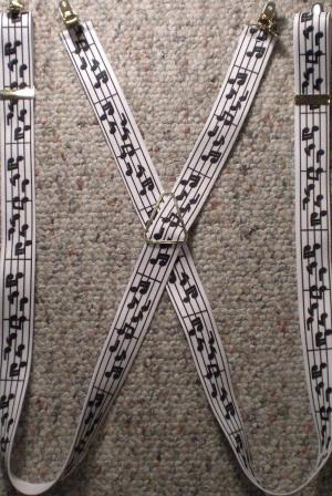 White suspenders with black musical notes